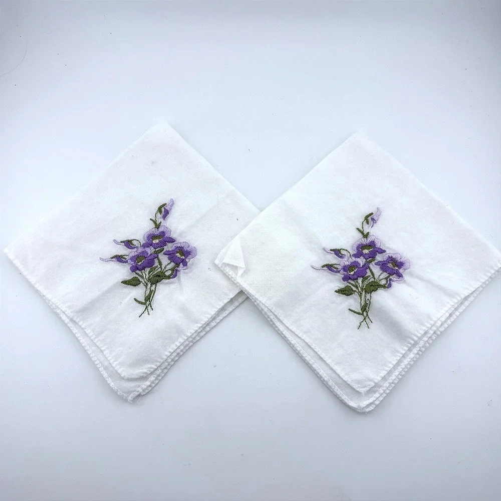 Vintage White Cotton Handkerchiefs Set of 2 Purple Floral Embroidery Square